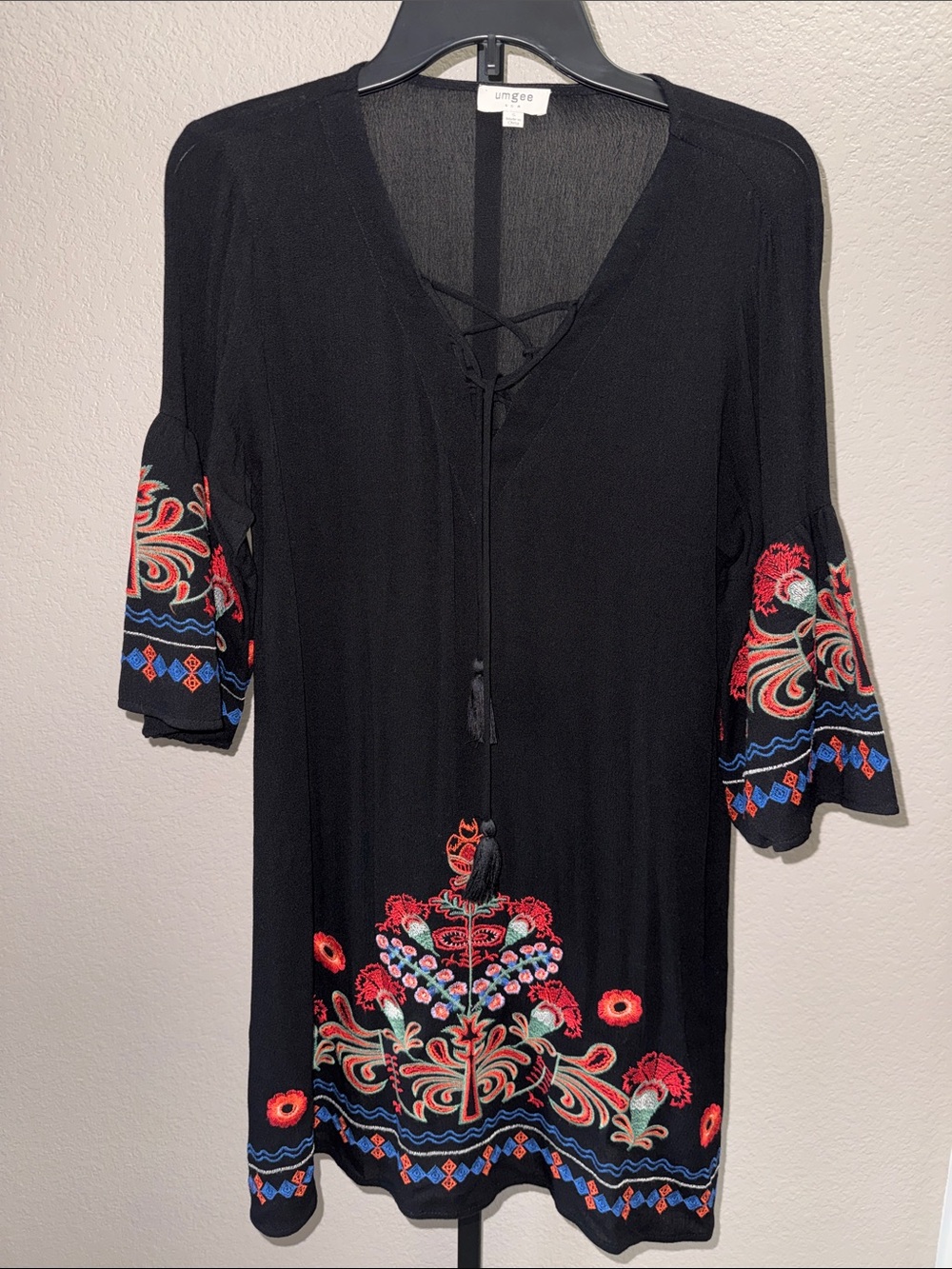 Umgee Black Tunic Dress with Embroidery and Tassels Small